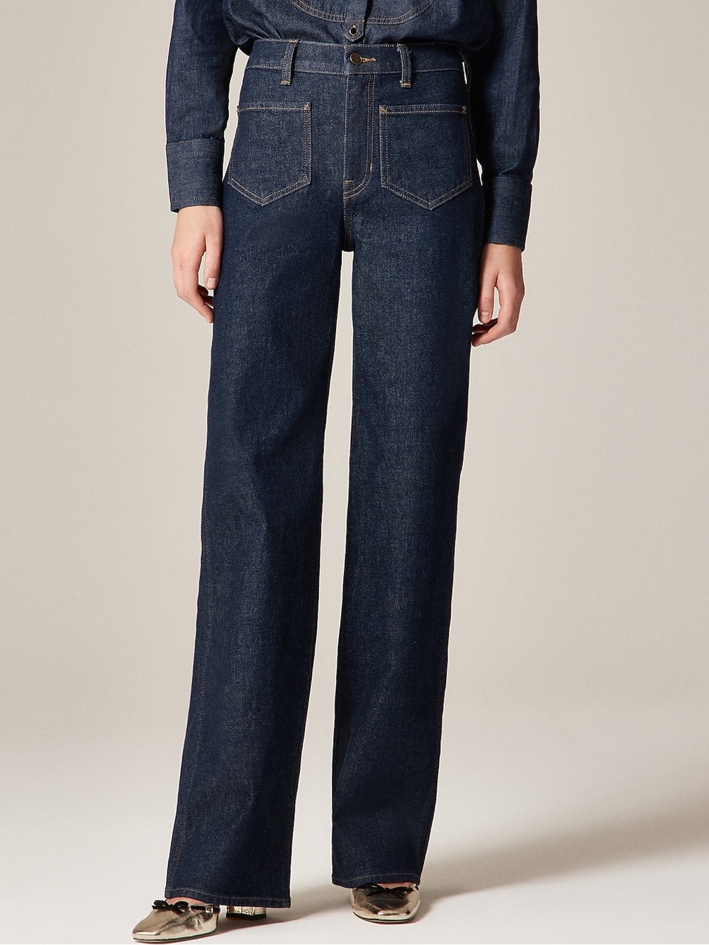 J. Crew Full Length Slim Wide Jean with Patch Pockets in Rinse Wash - Picture 2 of 12
